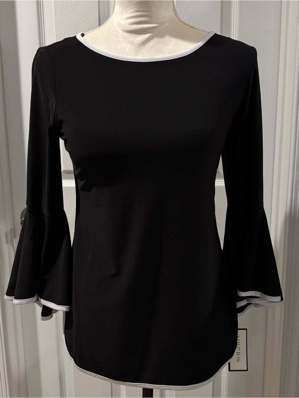 Black Bell-Sleeve Long-Sleeve Top with White Trim